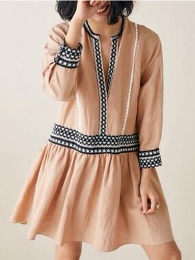 Zara Linen Blend Embroidered Tunic Dress Blush V-Neck XS